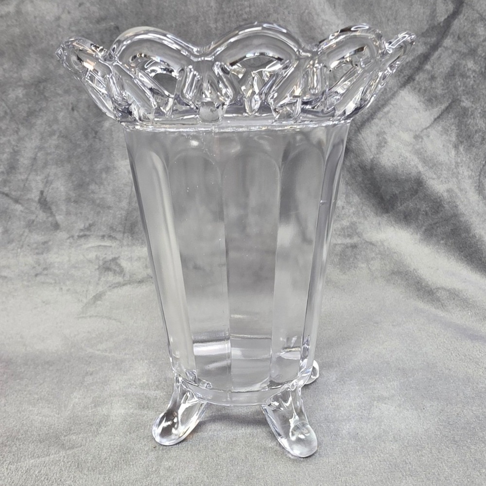Vintage Clear Pressed Glass Footed Vase with Openwork Lattice Lace Rim 5.5 Inch